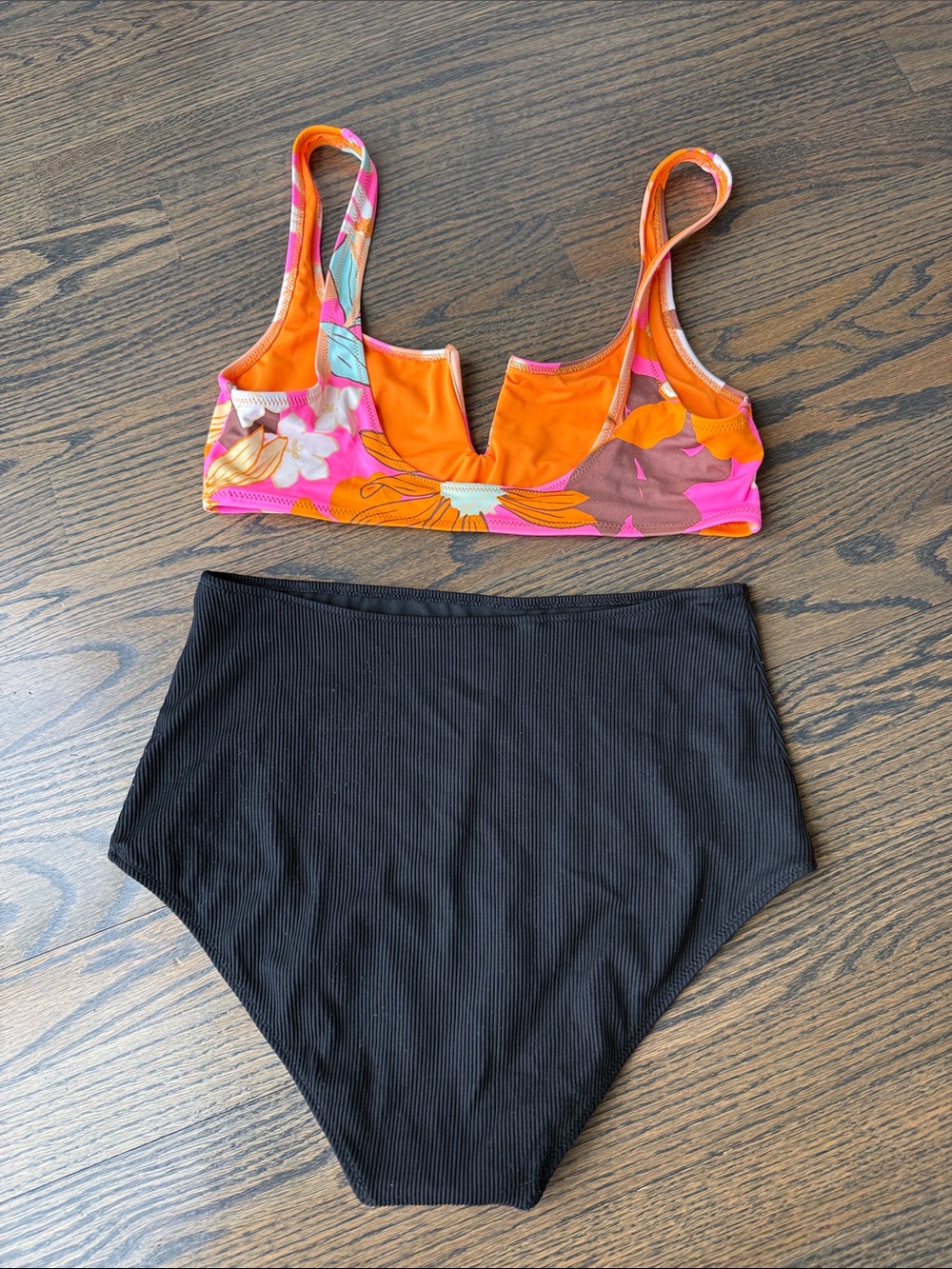 aerie Floral Orange Pink V-Neck Bikini Top with Black High-Waist Bottom size Med - Picture 9 of 10
